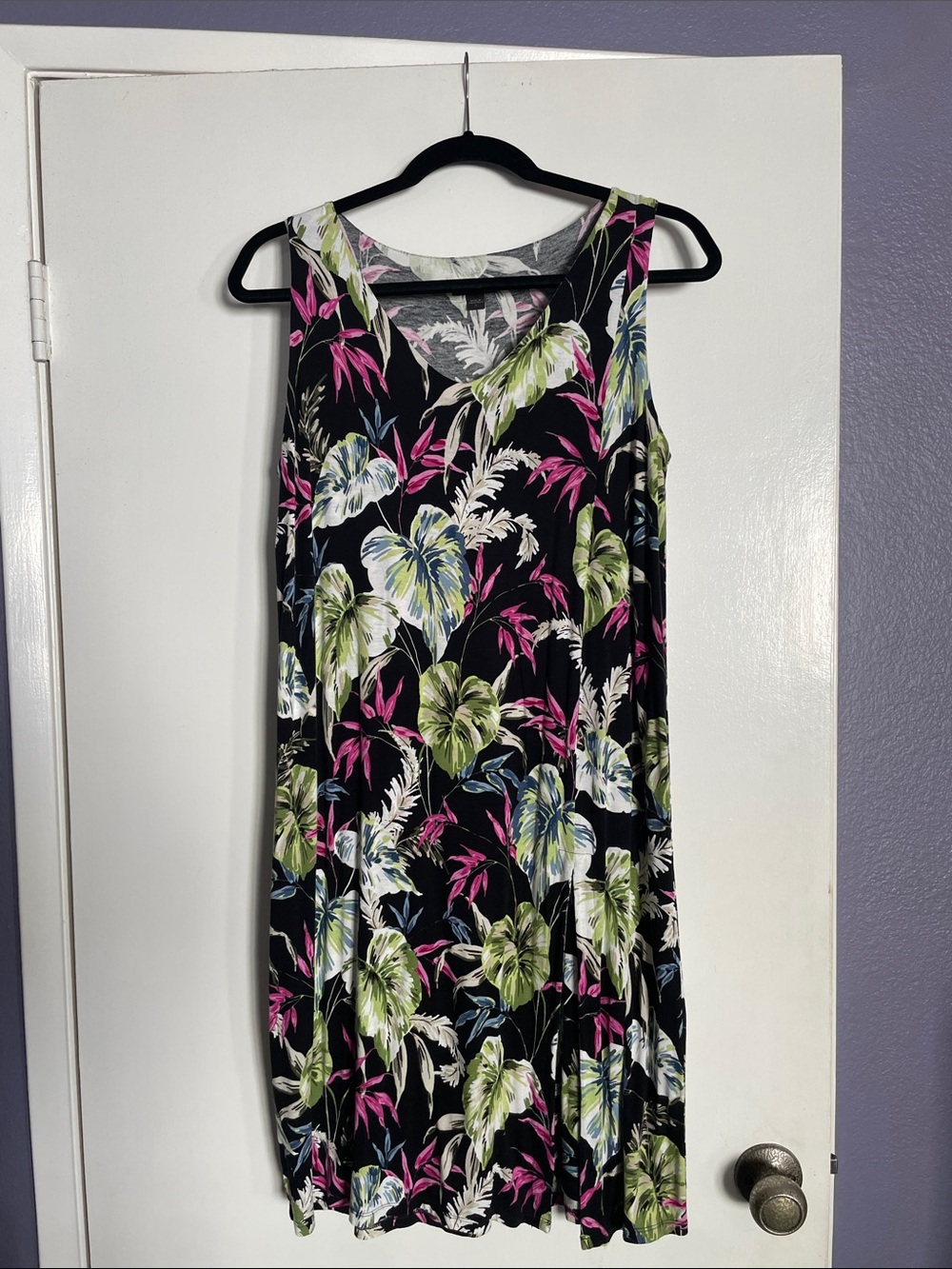 J. Jill Black Tropical-Leaf Midi Dress with Green and Pink Accents